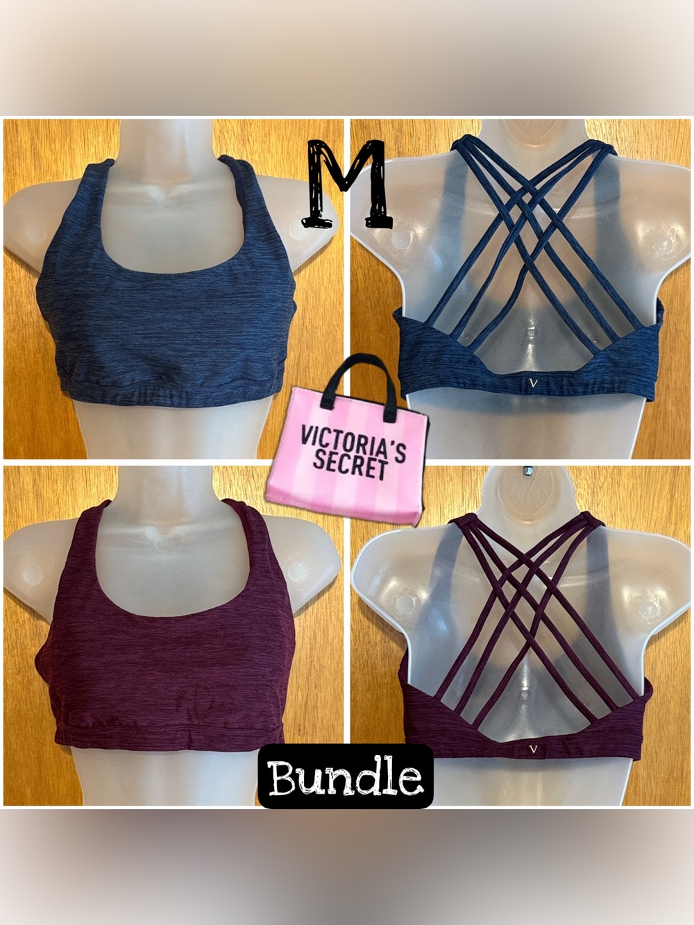 Victoria's Secret Sports Bra Bundle - Heather Navy Blue & Heather Burgundy  sz M